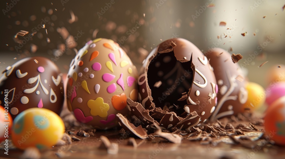 Broken Chocolate Easter Eggs Decorated With Colorful Designs