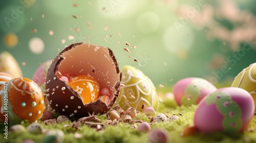 Exploding Chocolate Easter Egg With Colorful Eggs