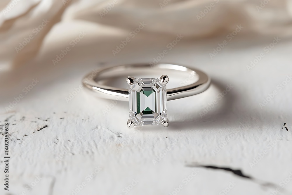 A minimalist bangle ring with a single emerald-cut diamond, set against a white painted backdrop for a stark contrast. A minimalist bangle ring with a single emerald-cut diamond, set against a white painted backdrop for a stark contrast.