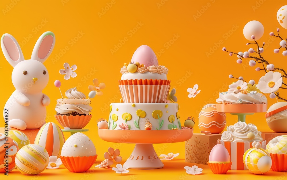 Festive Easter Cake Decorated With Cupcakes And Bunny