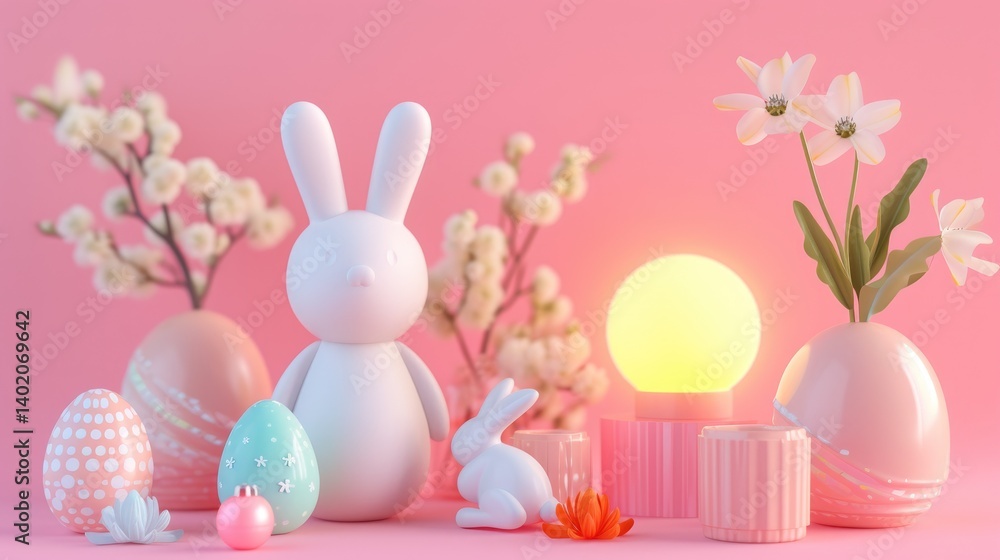 Easter Bunnies Eggs Flowers and a soft yellow light on pink background