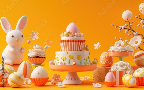 Obraz na płótnie Festive Easter Cake Decorated With Cupcakes And Bunny w salonie