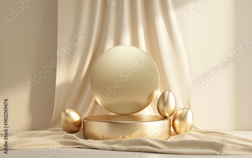 Obraz na płótnie Golden Sphere Display with Eggs on Fabric Drape Background w salonie
