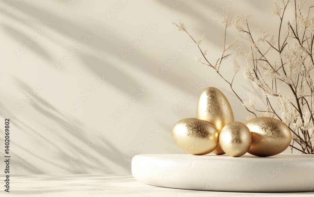 Golden Eggs Resting on White Platform With Dried Branches Against a Light Beige Background.