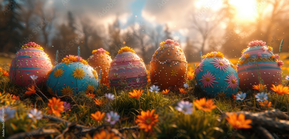 Decorated Easter Eggs Nestled In Spring Flowers At Sunrise