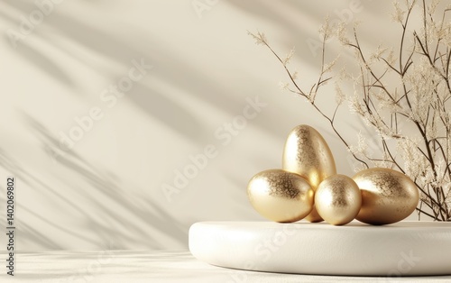 Obraz na płótnie Golden Eggs Resting on White Platform With Dried Branches Against a Light Beige Background. w salonie