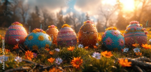 Obraz na płótnie Decorated Easter Eggs Nestled In Spring Flowers At Sunrise w salonie