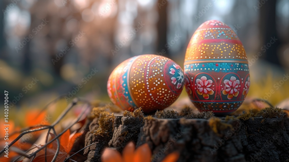 Painted Easter Eggs Resting On A Tree Stump