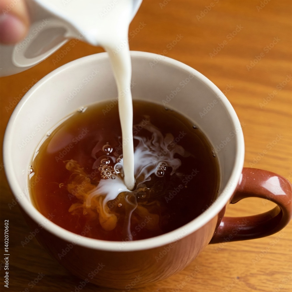 Pouring milk into cup with tea on wooden table, closeup Pouring milk into cup with tea on wooden table, closeup