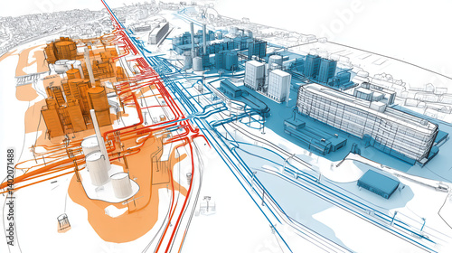 conceptual illustration of district heating system with blue and orange pipelines representing energy flow