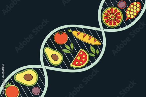 46 Colorful fruits and vegetables, DNA helix shape, black background, vibrant colors, healthy food, nutrition concept, artistic food arrangement, floating produce, genetic modification, organic ingred