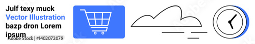 Blue shopping cart next to a clock and cloud design with motion lines. Ideal for e-commerce, shipping, fast delivery, time management, cloud storage, internet services, simple landing page