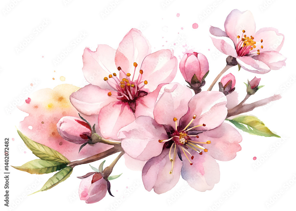 Obraz premium Pink Blossom Watercolor Painting: Delicate pink almond blossoms in full bloom, artfully rendered in watercolor, creating a serene and romantic atmosphere.