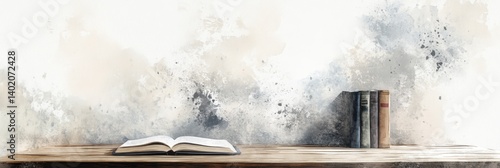 Watercolor Premium Quality of Open Book and Stack of Books on Wooden Table - A serene symbolizing knowledge, learning, reading, wisdom