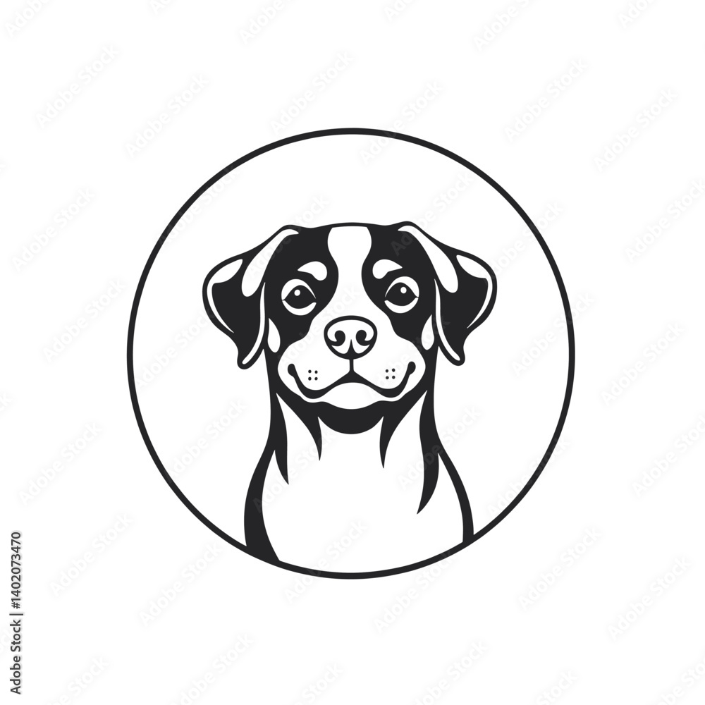 Monochrome Dog Portrait in Circle, Simple Emblem Style, Canine Face Illustration. Monochrome Dog Portrait in Circle, Simple Emblem Style, Canine Face Illustration.