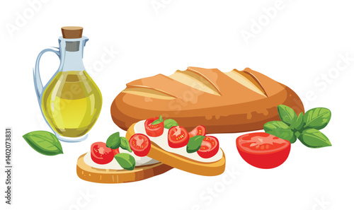 Baguette bread and bruschetta served with diced tomatoes basil olive oil - Vector Illustration