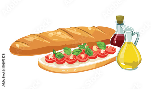 Baguette bread and bruschetta with tomatoes basil and olive oil - Vector Illustration