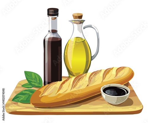 Baguette bread serving with Olive Oil & Balsamic Vinegar -Vector Illustration