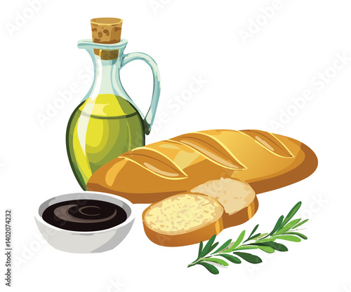Baguette bread with Olive Oil & Balsamic Vinegar - Vector Illustration