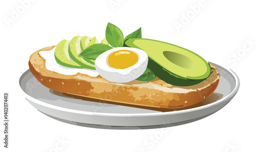 Baguette bread with serving with avocado and poached egg - Vector Illustration