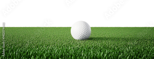 golf ball on horizon of artificial turf isolated on white
