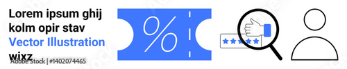 Discount coupon with percentage, magnified user reviews showing stars, and simplified user profile icon. Ideal for marketing, e-commerce, customer feedback, branding, analytics, online profiles