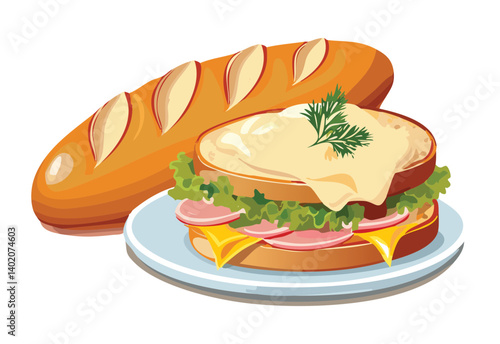 Baguette bread and Croque Monsieur Ham Cheese sauce - Vector Illustration