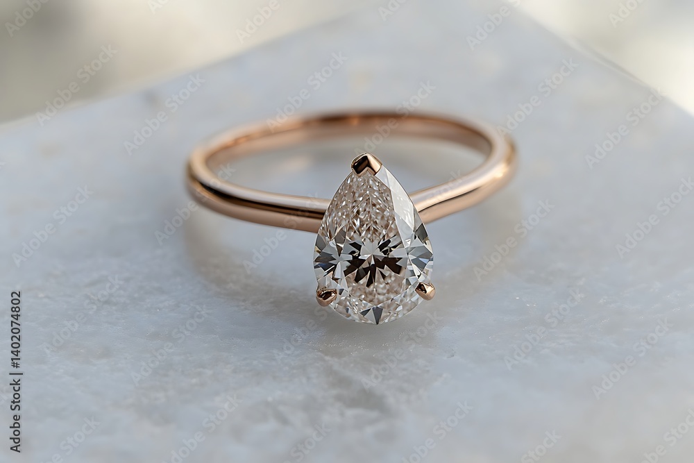 A modern rose gold engagement ring with a pear-shaped diamond, lying on a smooth, icy white surface. A modern rose gold engagement ring with a pear-shaped diamond, lying on a smooth, icy white surface.