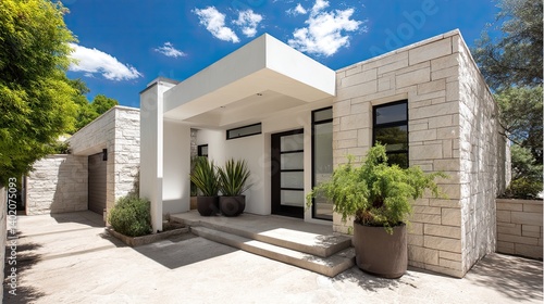 A sleek modern house with soft white aluminum door frames on the front entrance, accented by smooth beige stone walls
