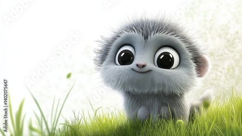 Cute animated furry creature in a grassy field with a bright background