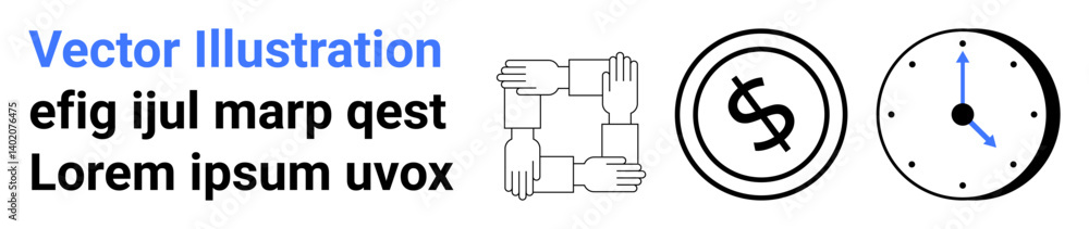 Four interlocked hands symbolizing cooperation, dollar sign in a circle for finance, and a clock showing time. Ideal for team building, productivity, finance, time management, networking, education Four interlocked hands symbolizing cooperation, dollar sign in a circle for finance, and a clock showing time. Ideal for team building, productivity, finance, time management, networking, education