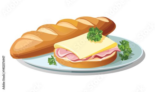 Baguette bread and Croque Monsieur Ham Cheese sauce - Vector Illustration