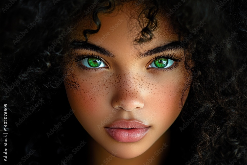 Woman with Green Eyes and Curly Hair - Close-up portrait of a young woman with beautiful green eyes and voluminous curly black hair. Her skin has freckles Woman with Green Eyes and Curly Hair - Close-up portrait of a young woman with beautiful green eyes and voluminous curly black hair. Her skin has freckles