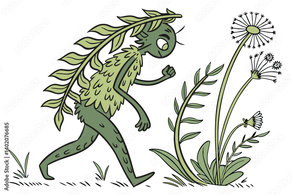 Fototapeta premium 49 Nature monster, plant creature, botanical face, wildflower eyes, grass body, fern arms, dandelion hair, whimsical garden beast, anthropomorphic flora, green character, organic sculpture, fantastica