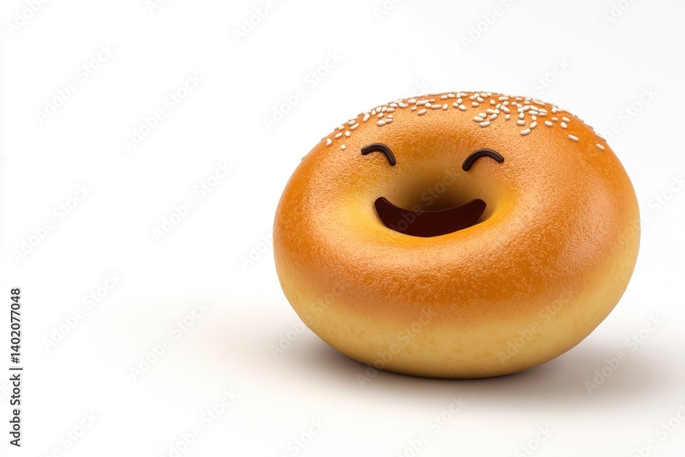 A happy bagel with sesame seeds smiles cheerfully against a white background. A happy bagel with sesame seeds smiles cheerfully against a white background.