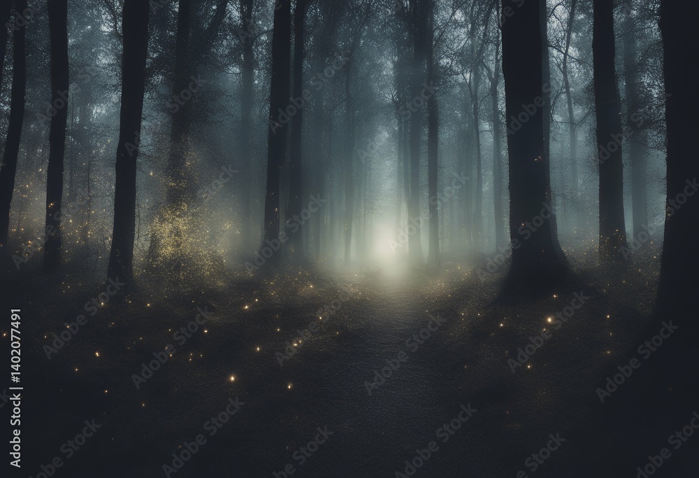 Obraz premium path dark magical forest night scary panorama skittish nature shadow foggy misty banner horror fiction strange black mystery scarey panoramic light mysterious background fog magic surreal road