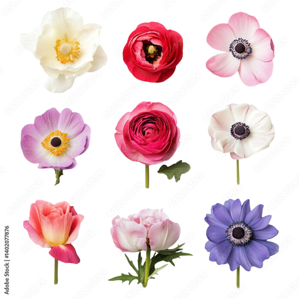 Naklejka premium Vibrant floral collage showcasing diverse blooms in a striking abstract design