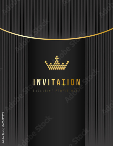 VIP invitation with black draped curtains and crown. Premium vertical vector background for club, casino, party, award, events, spa, lounge