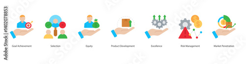 Competitive Advantage Icon Sheet vector goal achievement, selection, equity, product development, excellence, risk management, market penetration
