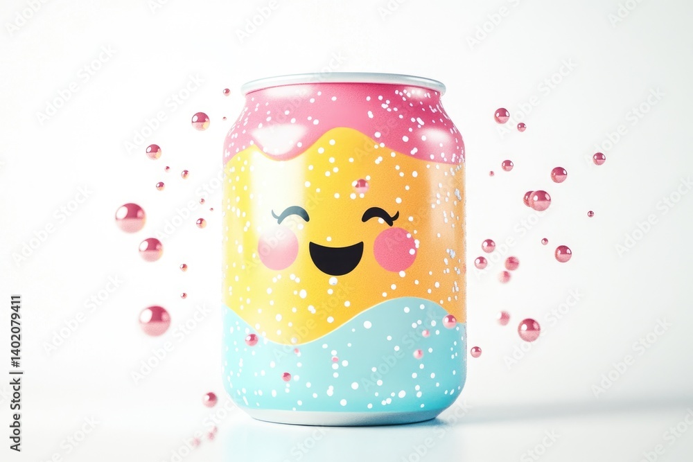 Obraz premium A cheerful, colorful can of soda with a cute smiley face design, surrounded by pink bubbles.