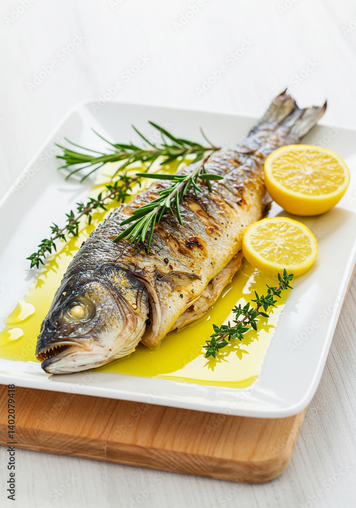 Whole grilled fish served with olive oil, lemon halves, and fresh herbs. Mediterranean healthy gourmet dish with rosemary and thyme. Elegant food top view on white plate. Whole grilled fish served with olive oil, lemon halves, and fresh herbs. Mediterranean healthy gourmet dish with rosemary and thyme. Elegant food top view on white plate.