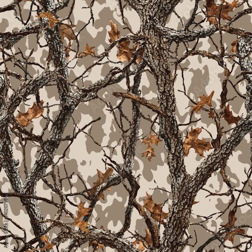 Camouflage background. Tree bark pattern. Hunting camouflage design. Seamless pattern. Forest background. Oak tree bark