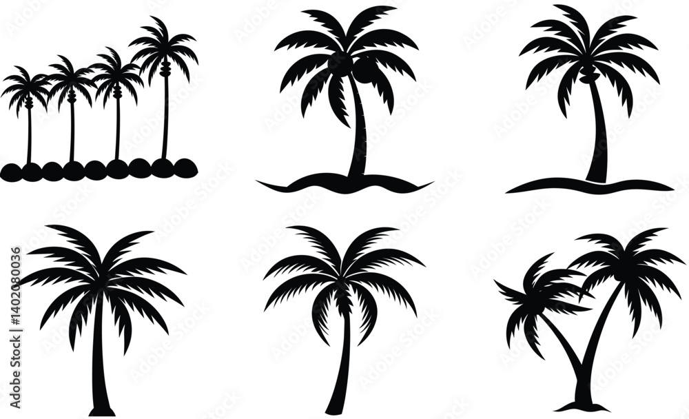 Fototapeta premium Set of Coconut trees vector silhouette on a tropical beach at sunset with ocean and summer vacation vibe