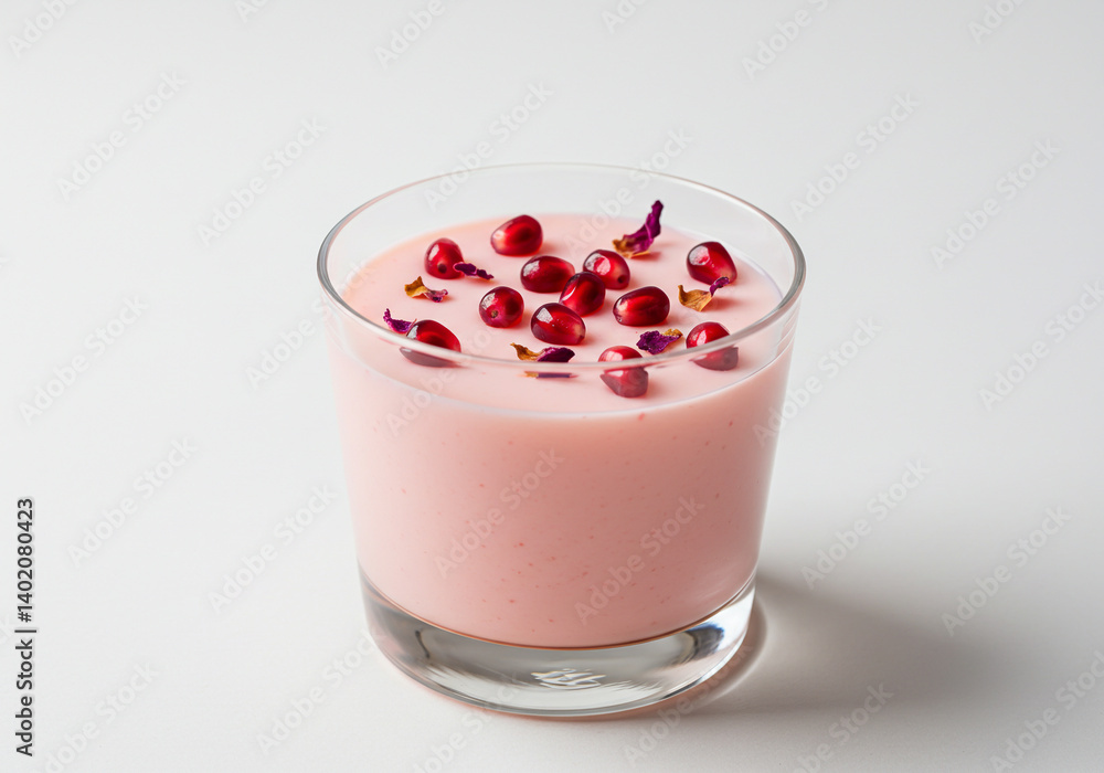 Elegant rosewater panna cotta topped with pomegranate seeds and edible petals on white surface. Elegant rosewater panna cotta topped with pomegranate seeds and edible petals on white surface.