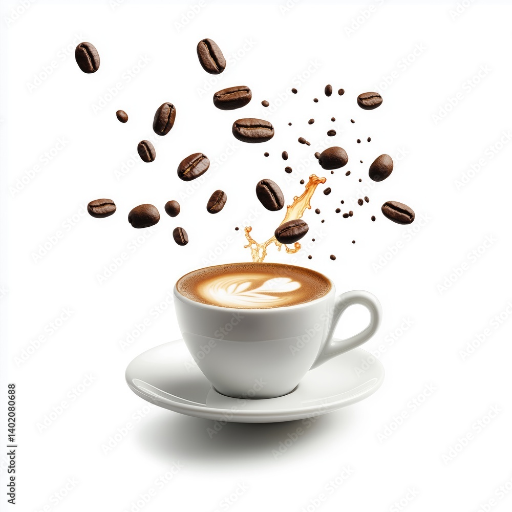 Obraz premium Latte with coffee beans exploding in a splash