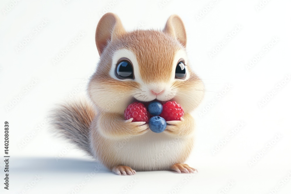 Adorable cartoon chipmunk holding raspberries and blueberries. Adorable cartoon chipmunk holding raspberries and blueberries.