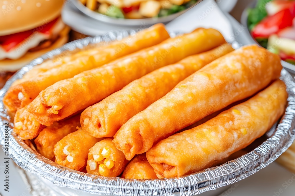 Crispy Corn Fritters Appetizer Food in Aluminum Foil Bowl Crispy Corn Fritters Appetizer Food in Aluminum Foil Bowl