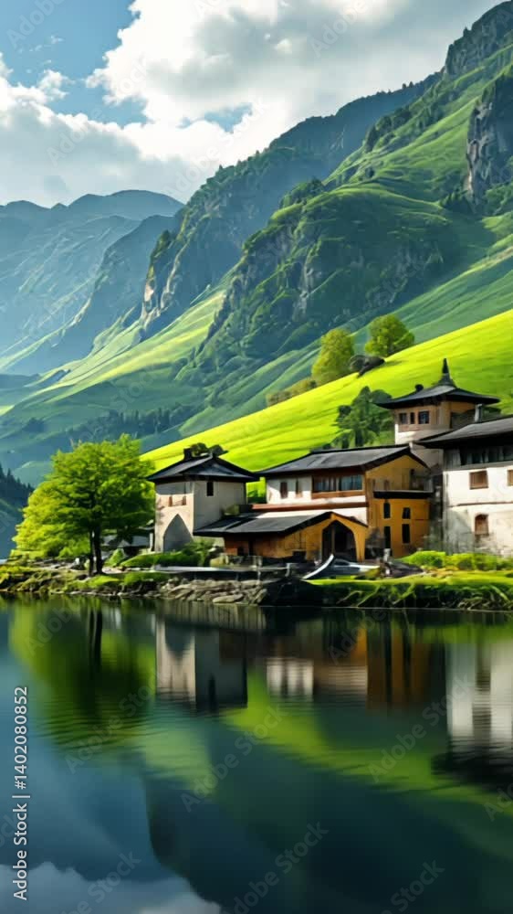 Alpine village with traditional houses surrounded by lush green hills and high mountains. Concept of pastoral life and harmony with nature Alpine village with traditional houses surrounded by lush green hills and high mountains. Concept of pastoral life and harmony with nature