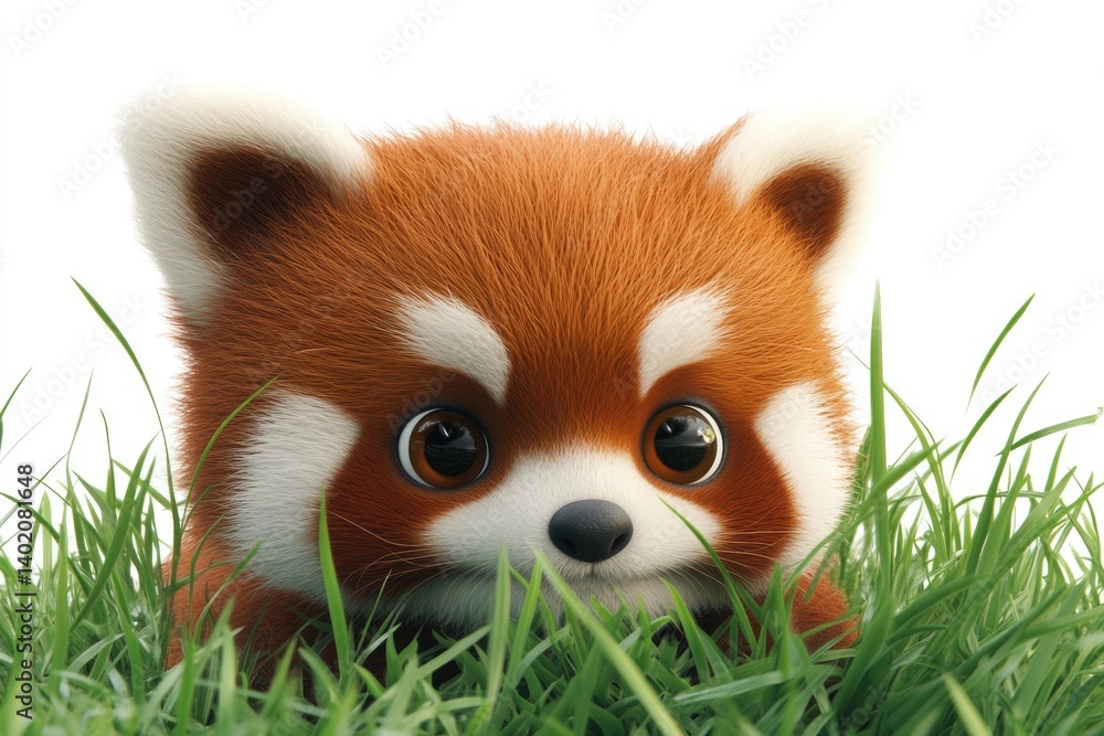 Obraz premium Adorable red panda cub peeking from lush green grass, captivating eyes.