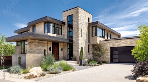 A sophisticated modern home in Colorado with neutral beige walls and bronze window frames